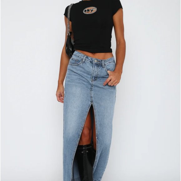 White Fox Boutique Take My Picture Denim Maxi Skirt – Blue Wash - Picture 2 of 10